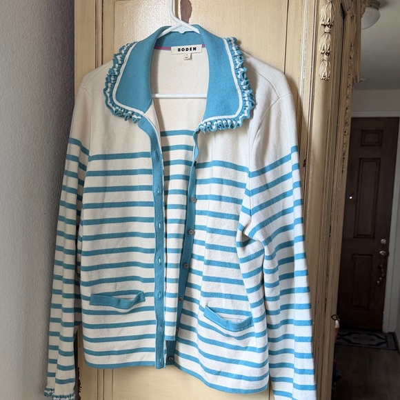 Boden Jackets & Blazers - Boden Cream and Light Blue Striped Cardigan Blazer